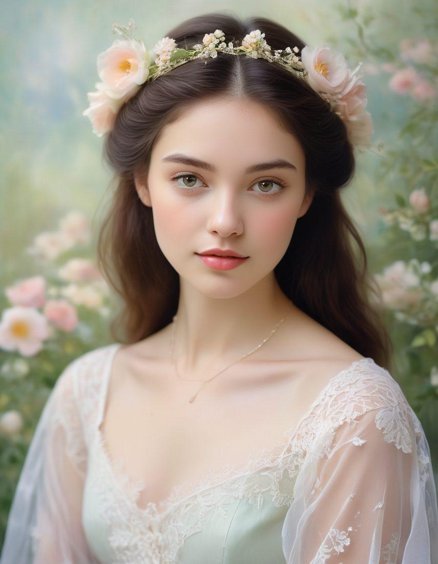 A serene and captivating depiction of a young woman embodying innocence and femininity, with soft pastel colors blending into an ethereal background. She is adorned in delicate lace and flowers, embodying a sense of allure and grace, while radiating a subtle confidence. The overall composition should evoke a juxtaposition of innocence and adult allure, framed by soft light that enhances the elegance of the scene. watercolor painting, soft focus, gentle brush strokes.