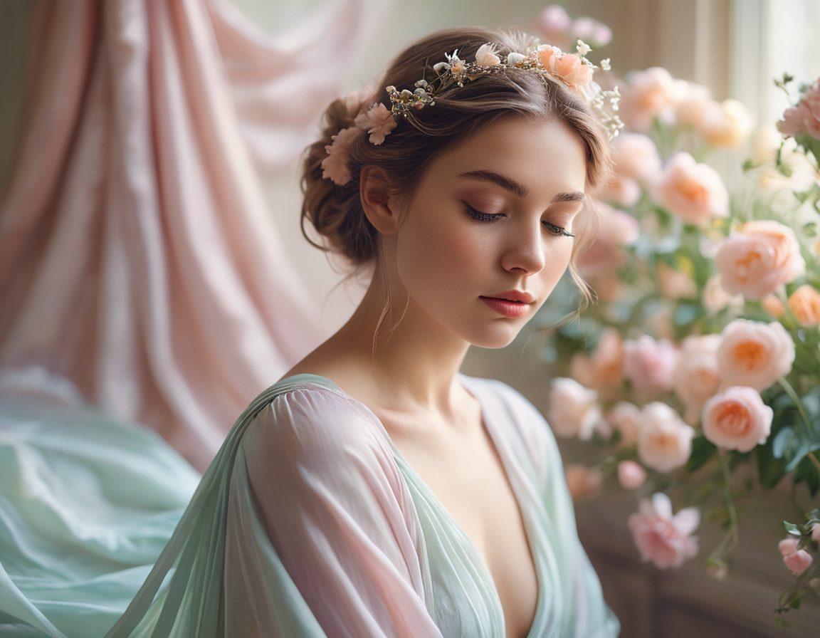 A soft-focus, ethereal scene featuring a delicate female figure draped in flowing pastel fabrics, surrounded by dreamy floral elements and gentle light. Her expression should be serene and contemplative, evoking a sense of purity and grace while hinting at elegance and allure. Incorporate soft bokeh effects in the background to enhance the depth and tranquility. pastel colors. super-realistic. soft lighting.